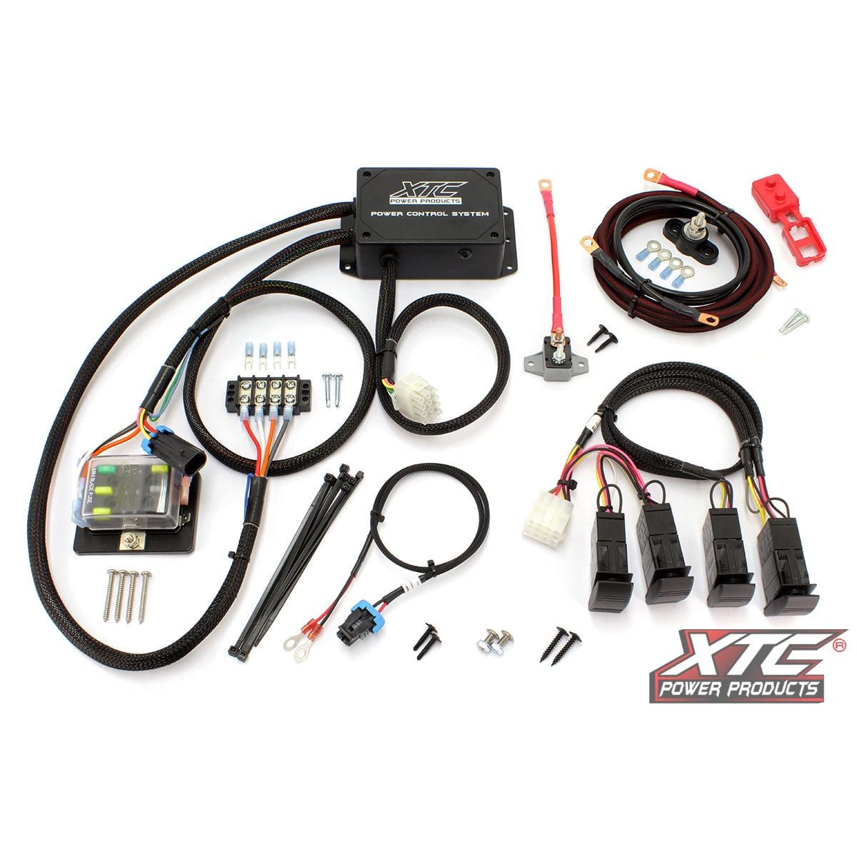 The Plug N Play Power Control 4 Switches Pol by XTC Power is shown with wiring harnesses, switches, Fuse Blown Indicator, connectors, mounting hardware, and install instructions on a white background with the XTC Power Products logo.