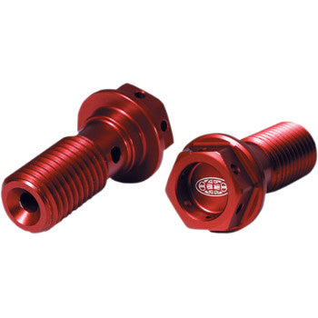 Two red, hard-anodized Banjo Bolts with washers from Pro Circuit, featuring threaded ends and small side holes for superior corrosion resistance, are shown on a white background—perfect for motorcycles.
