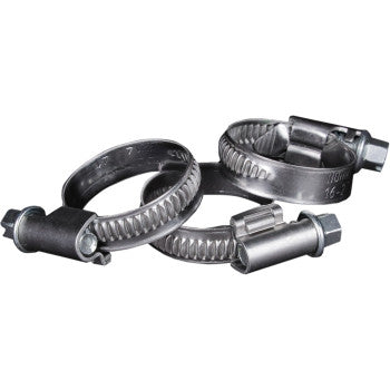 Set of three silver metal adjustable hose clamps with worm gear tightening mechanisms.