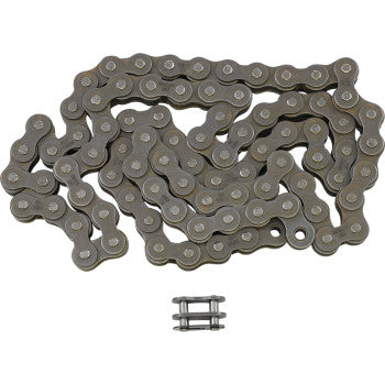 The M520 Standard Chain 86 Links by Rk, made of heat-treated medium carbon alloy steel with solid rollers, is shown coiled with a separate quick link connector placed below it on a white background.