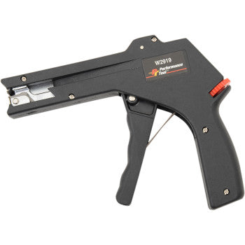 The Cable Tie Gun by Performance Tool (model W2919) is a black hand-held tool with a trigger grip and adjustable bundling pressure—perfect for fastening materials or use as a cable tie tool.