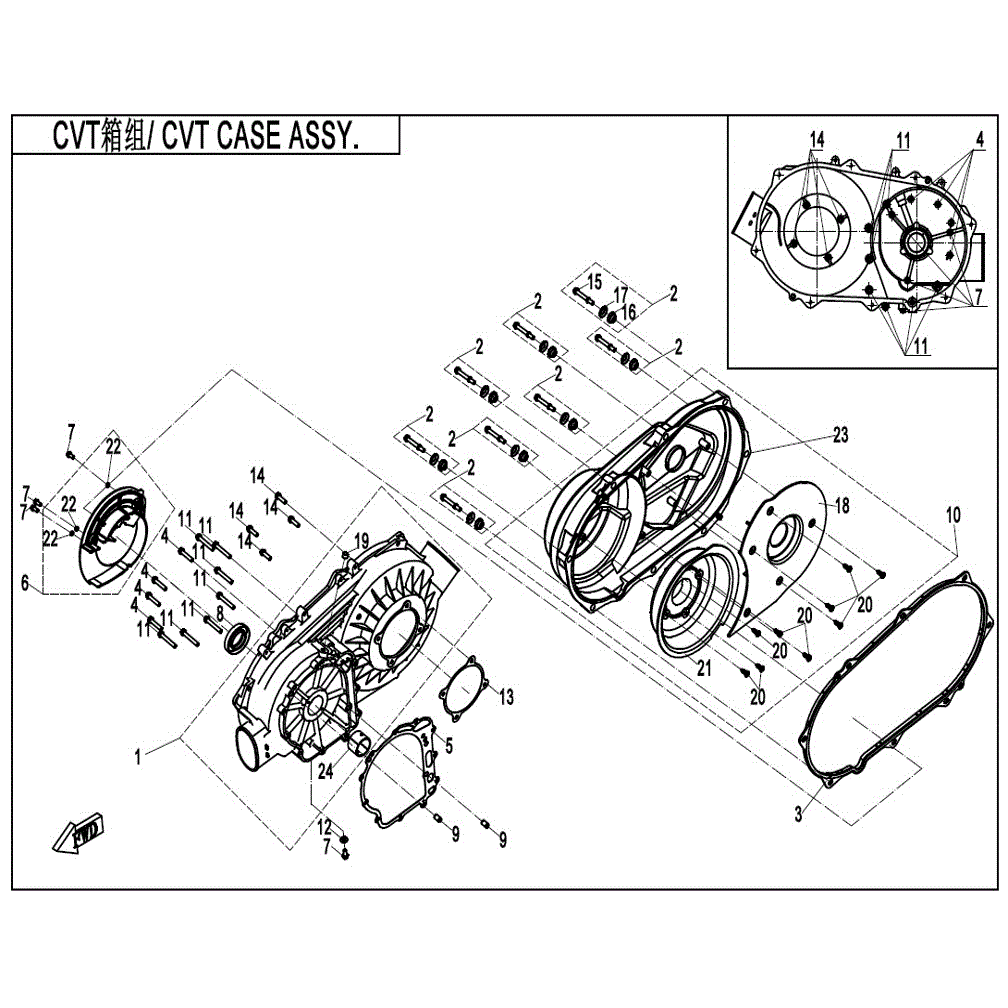 An Image of a genuine CFMOTO Parts Schematic Diagram showing the group - CVT CASE ASSY. - 2021 CFMOTO CFORCE 400