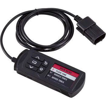 The Indian Power Vision 3 Fuel Injection Module by Dynojet is a handheld tuner featuring a display, navigation buttons, and a vehicle diagnostic connector. The screen menu includes options such as Flash Tune and Vehicle Tools.