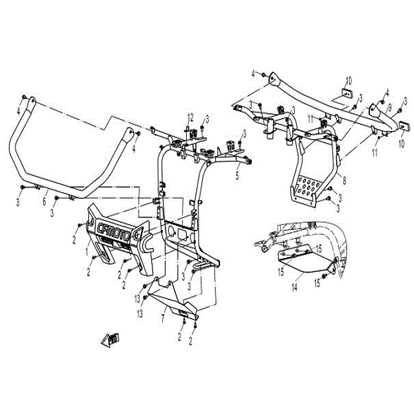 An Image of a genuine CFMOTO Parts Schematic Diagram showing the group - FRONT & REAR BUMPER - 2015 CFMOTO CFORCE 800 X8