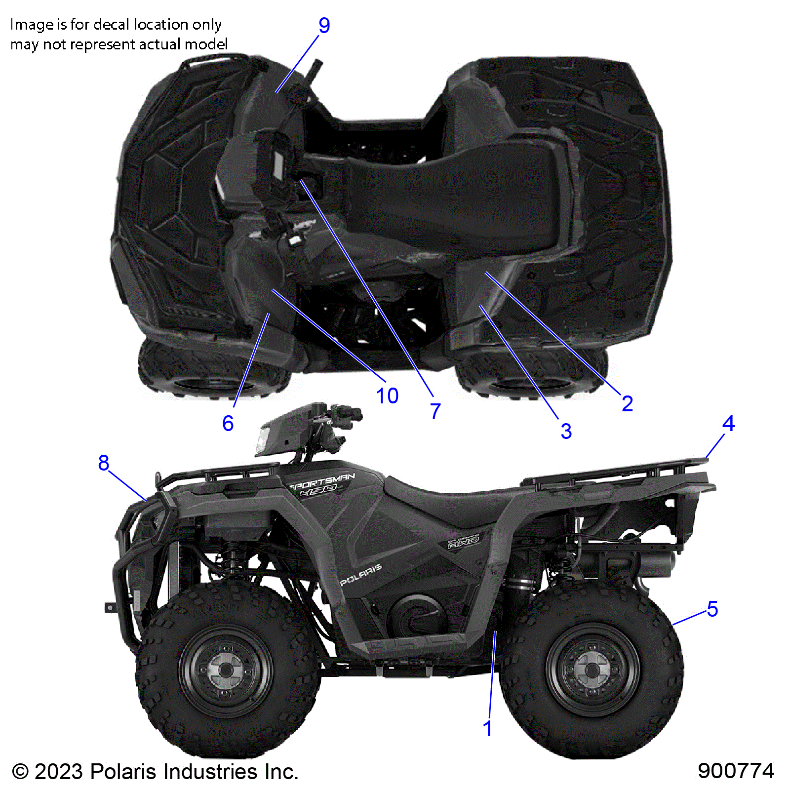 An Image of a Genuine Polaris Parts Schematic Diagram showing the schematic - BODY: DECALS STANDARD - 2024 POLARIS SPORTSMAN 450 HO UTILITY 50S