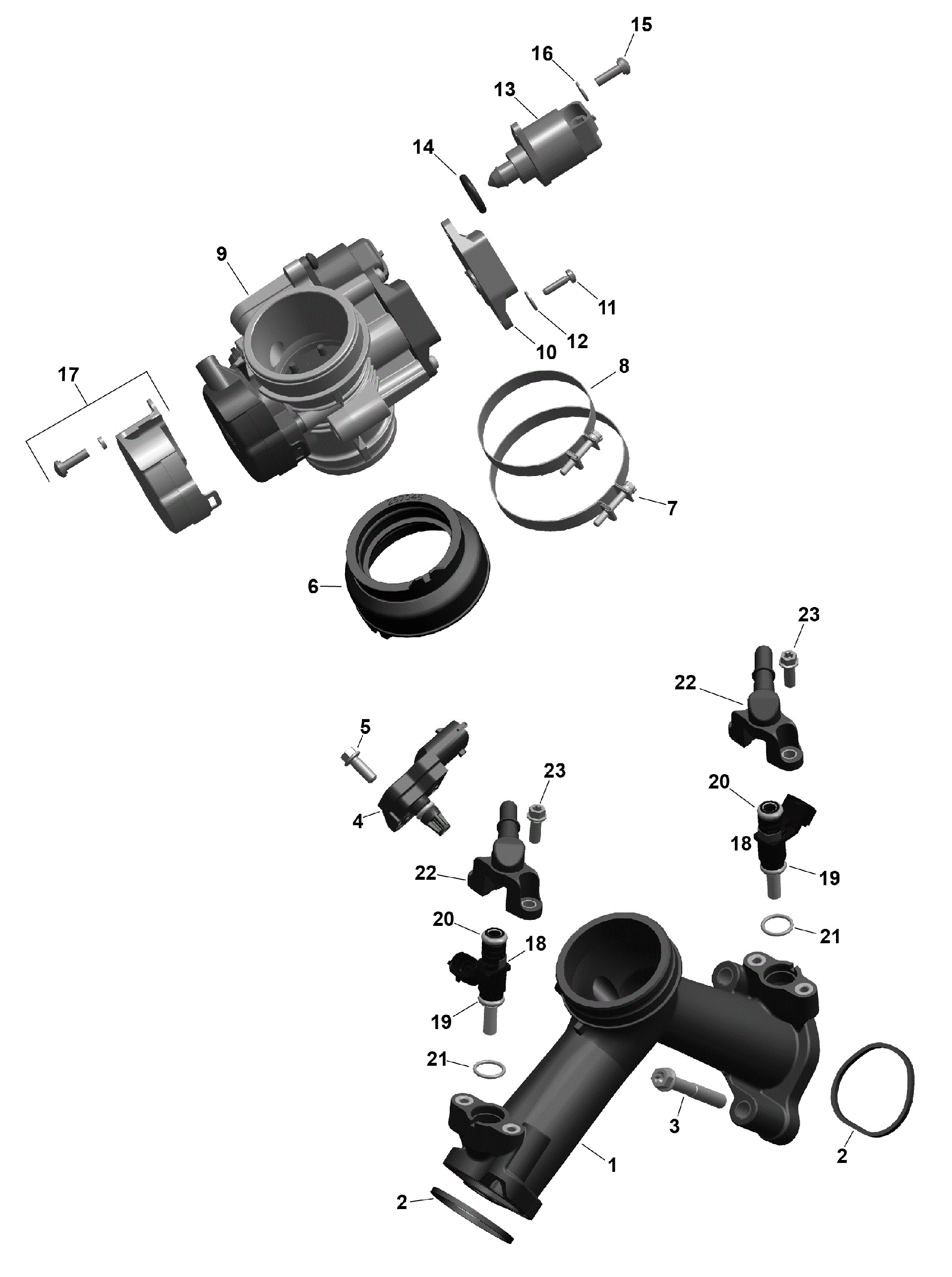An Image of a Genuine Can-Am Parts Schematic Diagram showing the schematic - ROTAX - AIR INTAKE MANIFOLD AND THROTTLE BODY