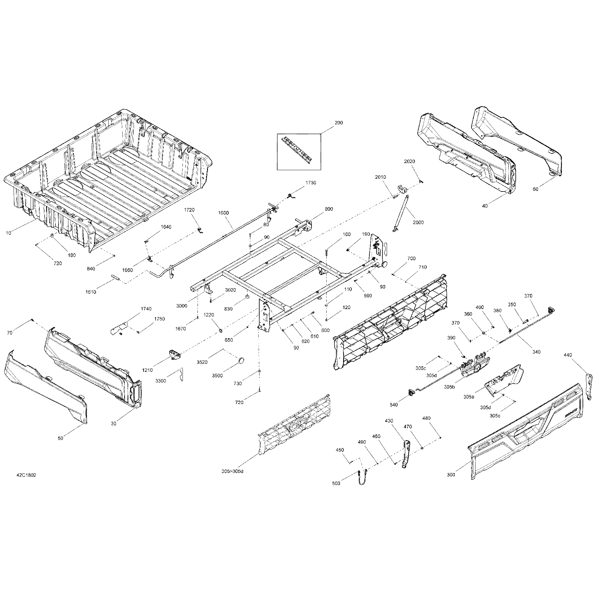 An Image of a Genuine Can-Am Parts Schematic Diagram showing the schematic - REAR CARGO BOX DEFENDER - ALL MODELS EXCEPT PACKAGE HUNTER