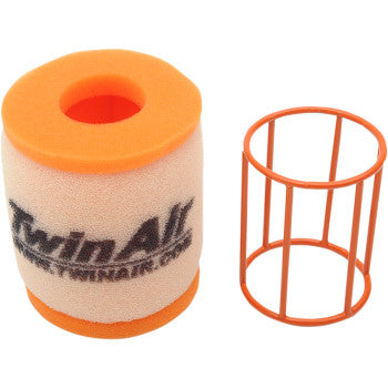 The Can Am Standard Air Filter with Cage by Twin Air features a cylindrical, dual-bonded foam filter with orange ends and the Twin Air logo, alongside an orange support cage for enhanced airflow.