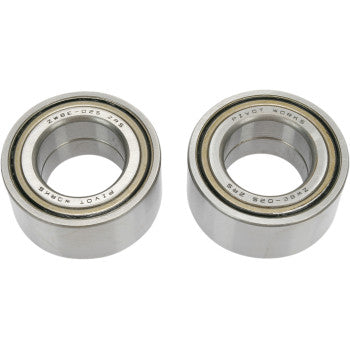The Kawasaki - Suzuki Wheel Bearing Kit Front by Pivot Works features two cylindrical, double-sealed ball bearings with visible edge engravings, displayed side by side on a white background.