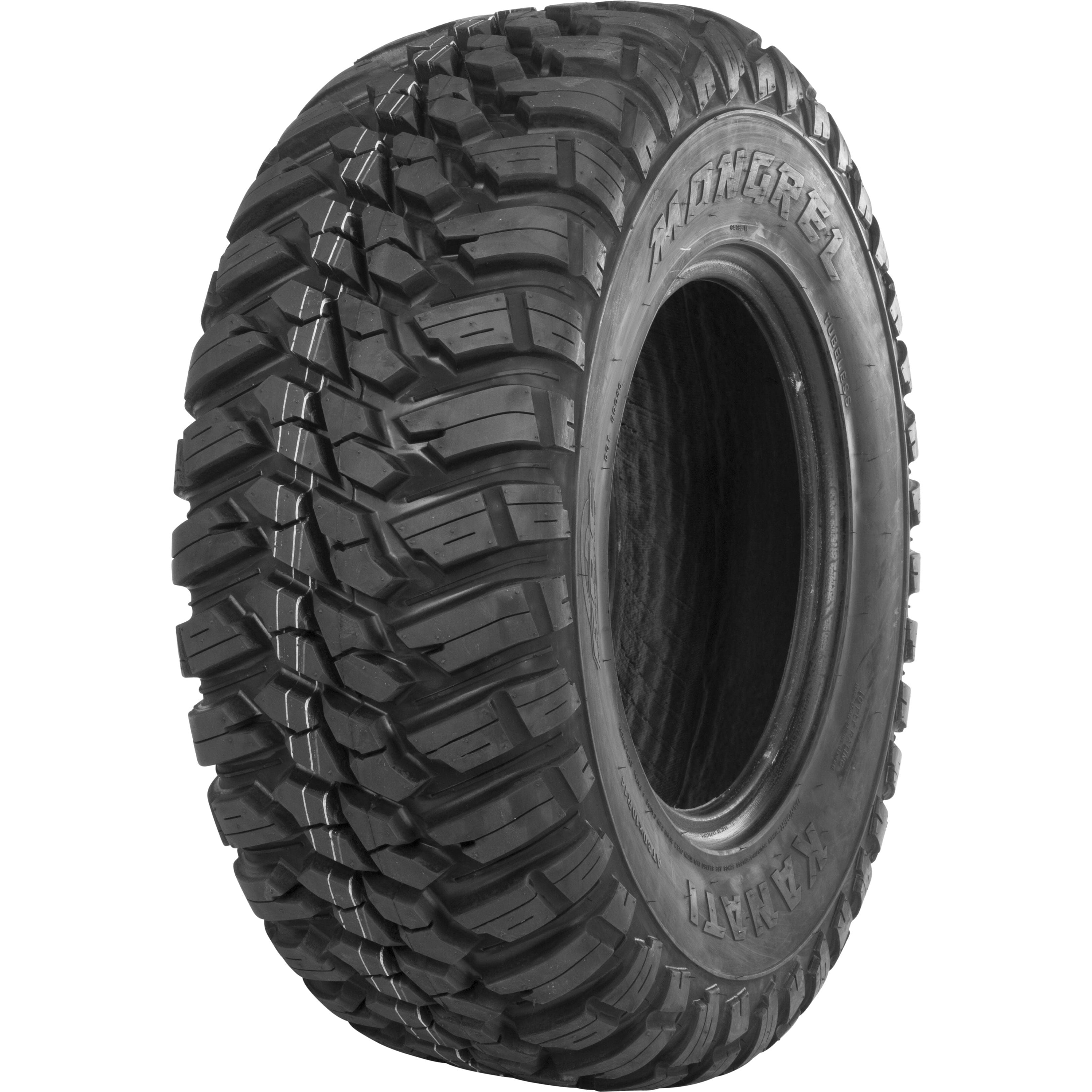 The Tire Kanati Mongrel Front 25X8R12 Radial Lr600Lbs by GBC is a large, black off-road tire with deep, aggressive treads and enhanced durability for rugged terrain and heavy-duty vehicles.