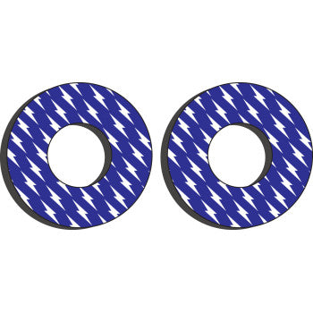 Two round blue grip donuts with white lightning bolt patterns and black inner edges.
