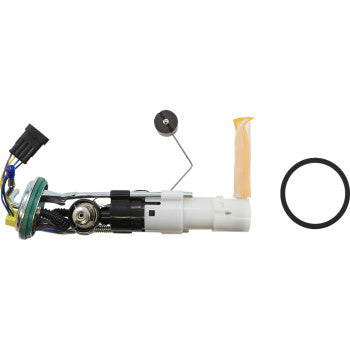 The Can Am Fuel Pump Module by Moose Offroad, featuring attached wiring, a fuel level sensor, and filter, is shown with a black O-ring gasket on a white background.