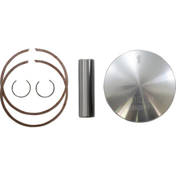 Silver round piston with smooth top surface, metallic piston pin, and matching dark circlips and piston rings arranged.