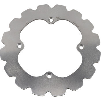 The Can Am UTV Rotor by Ebc is a silver, circular heat-treated steel rotor with a wavy edge and three evenly spaced mounting holes, designed for smooth braking performance on UTVs.