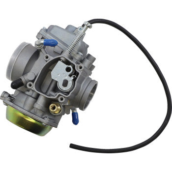 The Polaris Replacement Carburetor by Moose Offroad is a metal OEM carburetor with an attached black hose and assorted screws and fittings, shown against a white background.