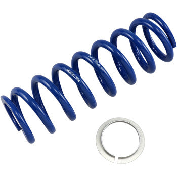 A Race Tech Shock Spring Front & Rear Blue Sport Series, 324 lb/in spring rate, and a round silver washer are placed on a white background.