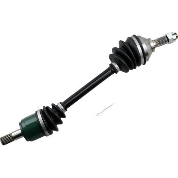 Black metal CV axle with rubber boots and green housing on one end, metal splined shafts on both ends.