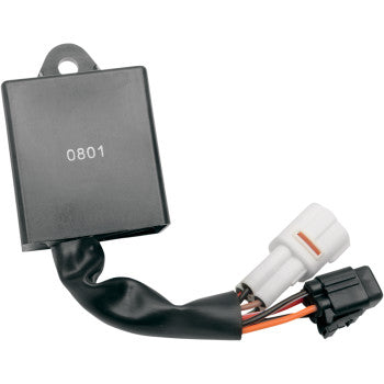 Black rectangular Yamaha Hot Shot CDI box with attached black wiring harness and white and black connectors.