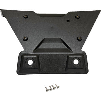 The Honda Talon License Plate Mount by Custom Dynamics is a black V-shaped ABS mount with two bottom round holes, four screw holes, and includes four silver screws. Ideal for 4" x 7" plates or as an OEM muffler protector.