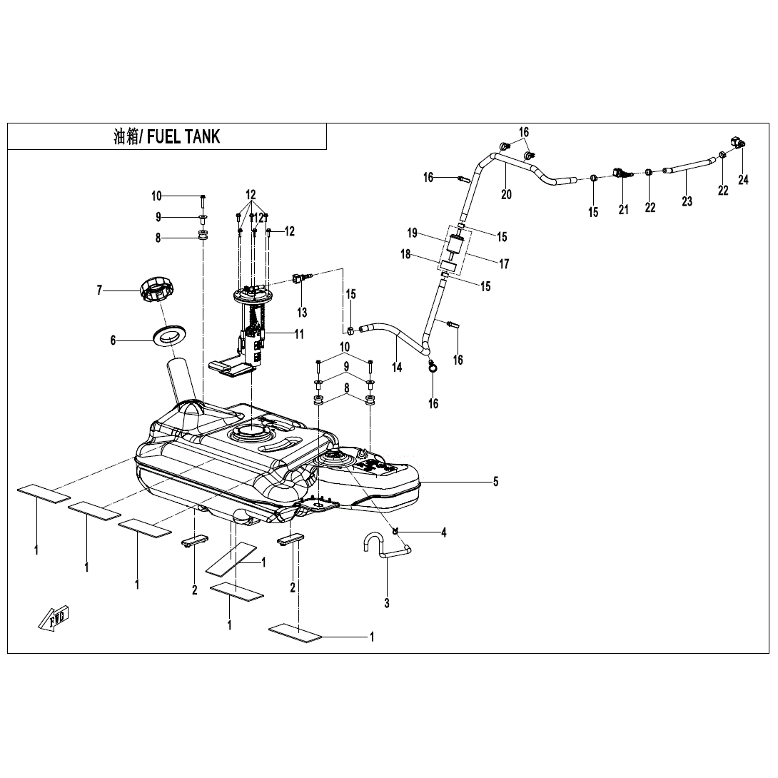 An Image of a Genuine CFMOTO Parts Schematic Diagram showing the schematic - FUEL TANK - 2021 CFMOTO ZFORCE 950 Sport
