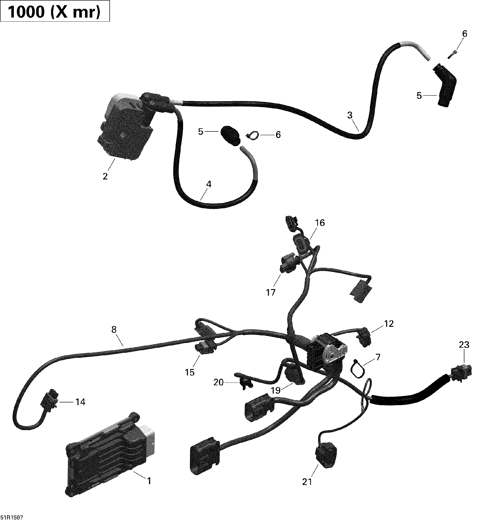 An Image of a Genuine Can-Am Parts Schematic Diagram showing the schematic - ENGINE HARNESS AND ELECTRONIC MODULE _51R1507