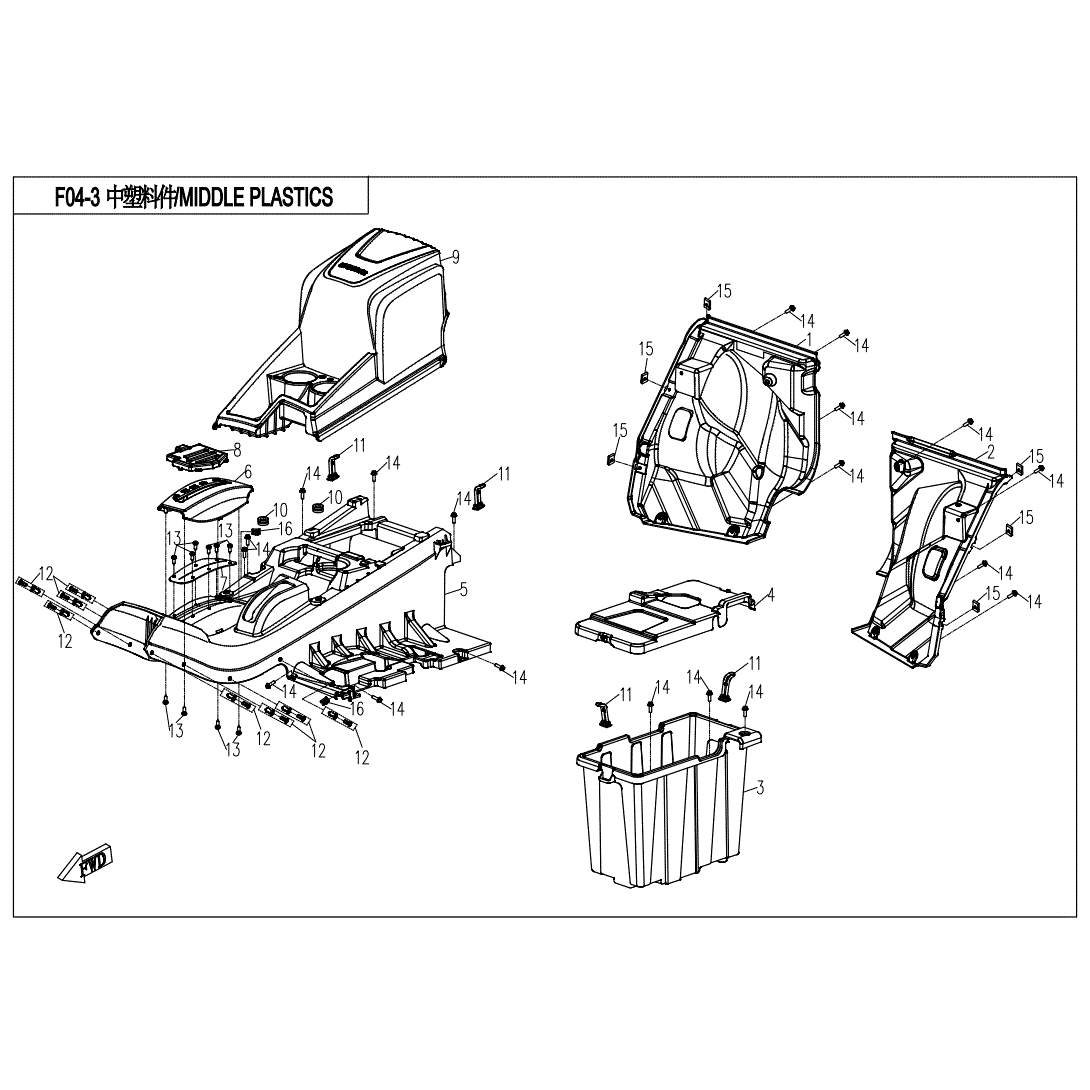 An Image of a Genuine CFMOTO Parts Schematic Diagram showing the schematic - MIDDLE PLASTICS - 2020 CFMOTO UFORCE 800