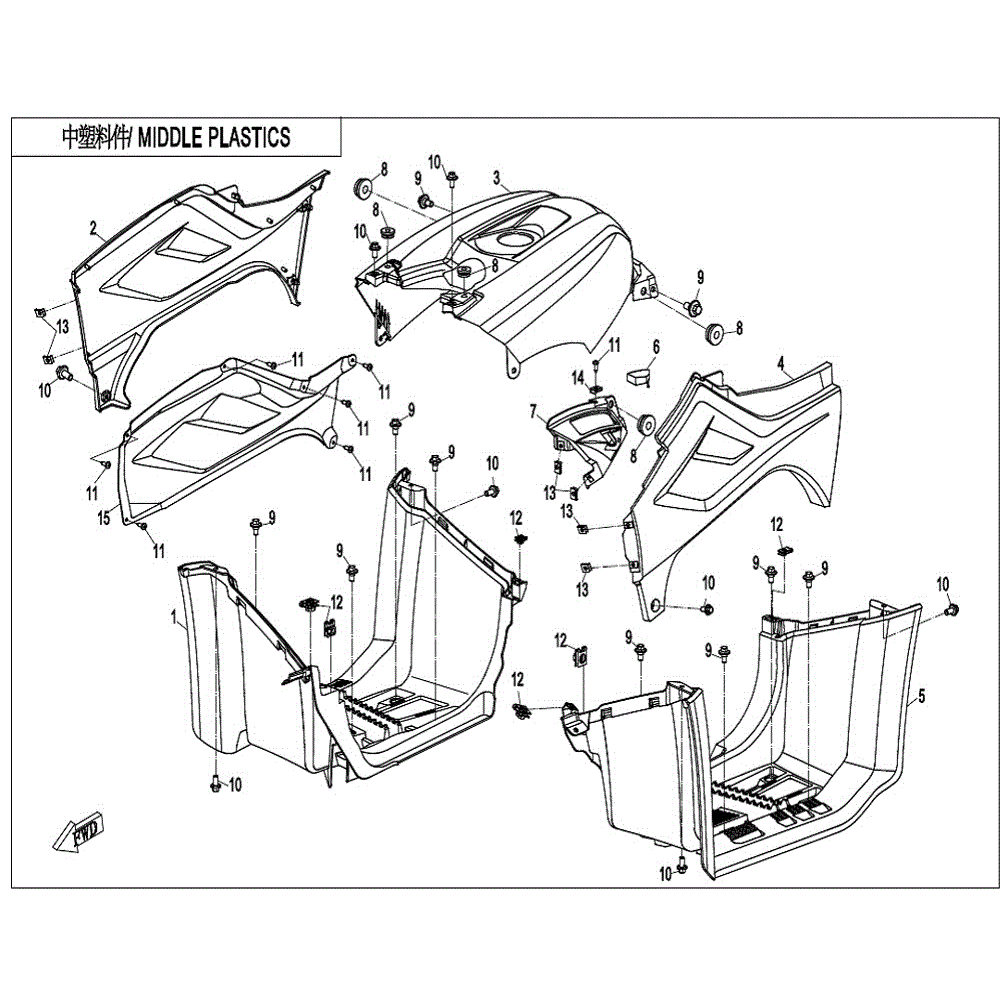 An Image of a genuine CFMOTO Parts Schematic Diagram showing the group - MIDDLE PLASTICS - 2021 CFMOTO CFORCE 400