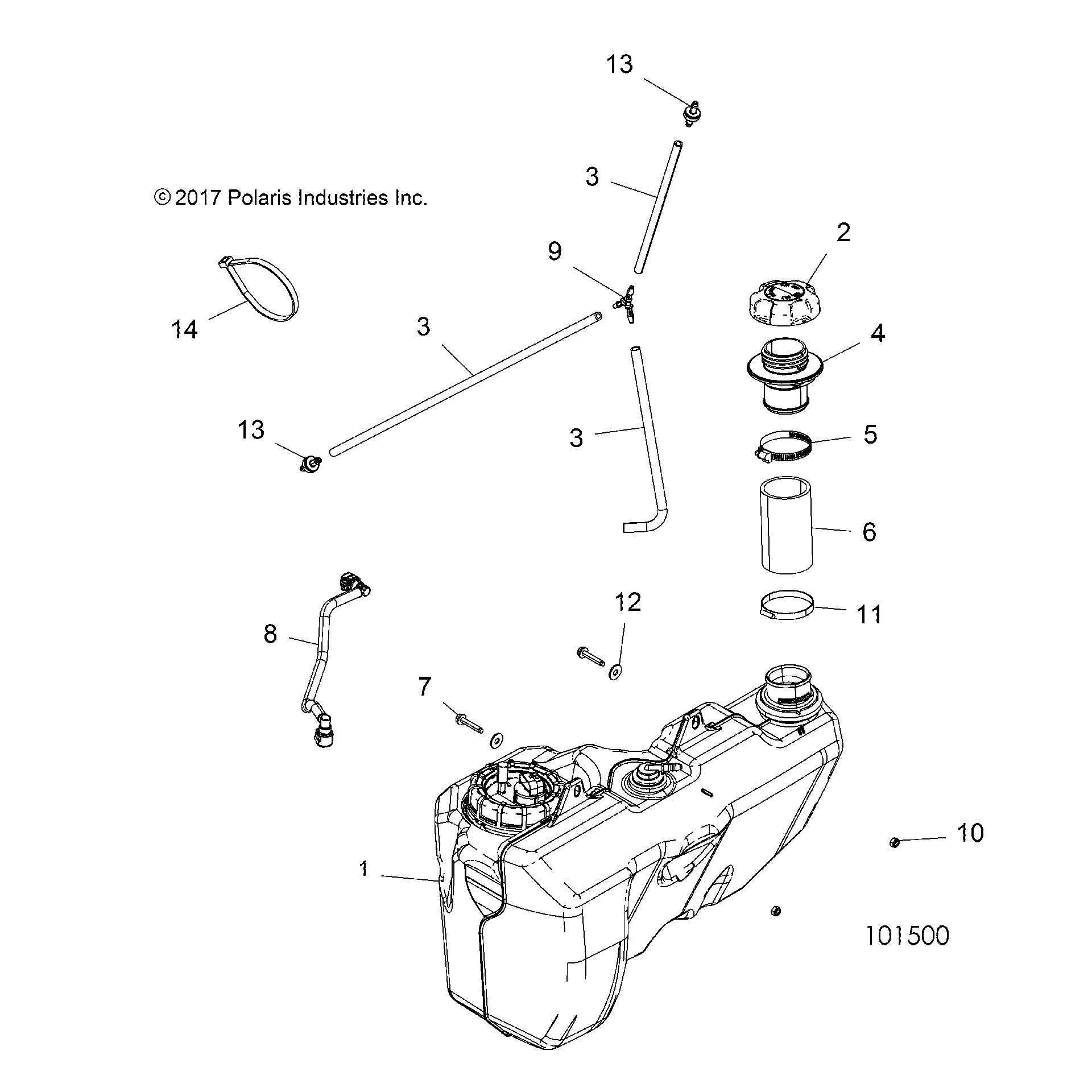 An Image of a Genuine Polaris Parts Schematic Diagram showing the schematic - BODY: FUEL TANK - 2018 POLARIS SPORTSMAN 1000 HIGH LIFTER