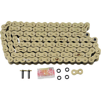 The 525 Max X Drive Chain 150 Links Gold by RK is coiled on a white background, shown with a connecting link, two pins, four O-rings, and a packet of grease.