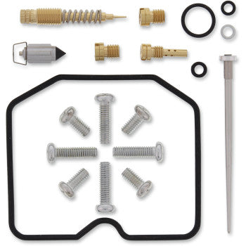 The Suzuki Carburetor Repair Kit by Moose Offroad includes screws, NBR rubber O-rings, a gasket, needle, and jets—various small metal and plastic components—all arranged on a white background.