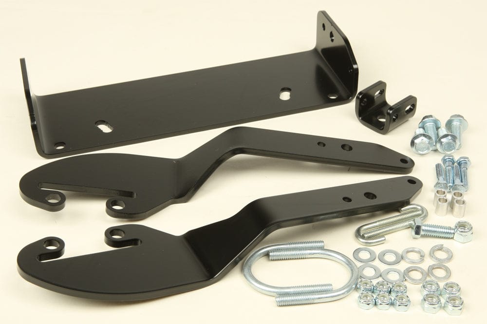 The Yamaha Grizzly 700 Provantage Center Snow Plow Mounting Kit by Warn includes black metal brackets, a flat mounting plate, a small bracket, hardware (bolts, washers, nuts, U-bolt), ideal for plowing—shown on a beige surface.