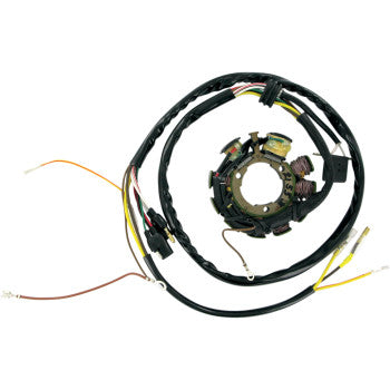 Black circular stator coil with attached multicolored electrical wires and connectors wrapped in protective black sheathing.
