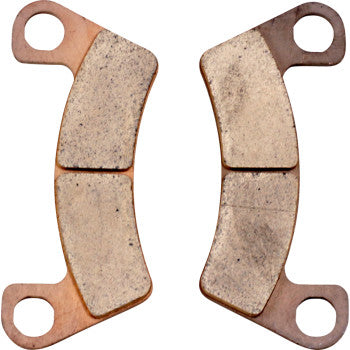 Two Textron Sintered Brake Pads by Dp Brakes with mounting holes at each end are shown facing each other on a white background. The curved ATV pads display slight wear, ensuring reliable, fade-free performance.