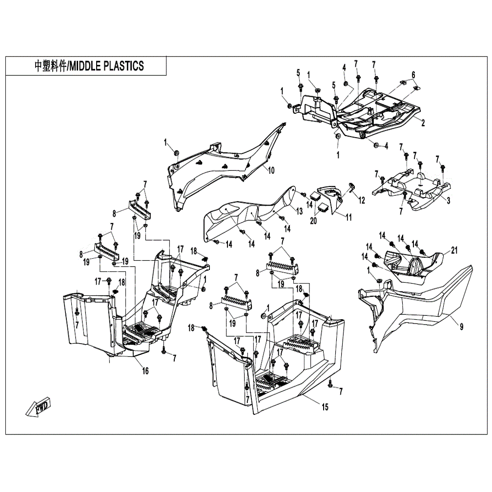 An Image of a genuine CFMOTO Parts Schematic Diagram showing the group - MIDDLE PLASTICS - 2022 CFMOTO CFORCE 800 XC