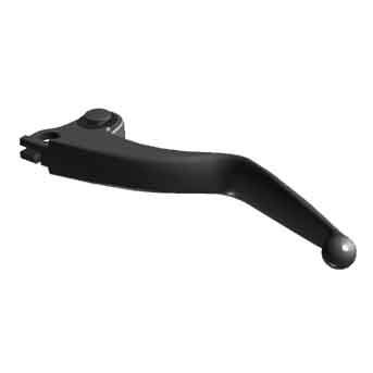 This Clutch Lever Black by Polaris, including a lever rod nut, features a black curved metal design with a rounded end and flat mounting base—ideal as an OEM replacement part for Indian Motorcycle or Polaris, shown against a white background.