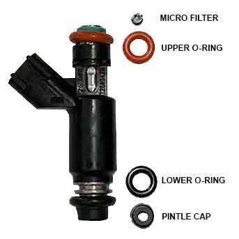 The Denso Fuel Injector Rebuild Kit for 2003-2007 Victory by Witchdoctors includes a micro filter, orange upper O-ring, black lower O-ring, and pintle cap, with each part clearly labeled.