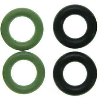 Four O-rings—two green on the left, two black on the right—are arranged in a square on a white background. Shown is the Fuel Injector O-ring Kit for 2008-2017 Polaris Victory Motorcycles by Witchdoctors.