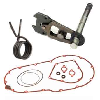 The Victory Motorcycle Ratchet Shifter Rebuild Kit by Witchdoctors includes a metal spring, shaft with clamp, and gaskets—essential parts for shifter repair—shown on a white background.