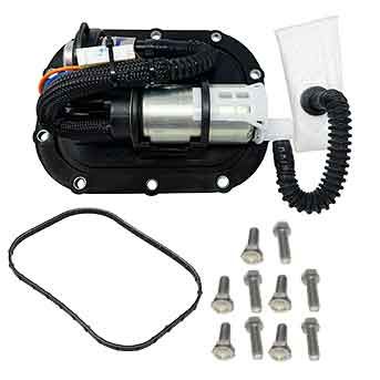 The Fuel Pump Rebuild Kit by Witchdoctors includes a pump with wiring, black gasket, and eight silver bolts—perfect for V-twin fuel pump maintenance or use on your steel frame Victory motorcycle.