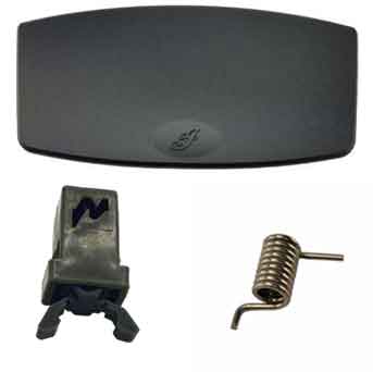 The Dash Storage Door Rebuild Kit by Witchdoctors includes a black plastic cap, a slotted and clipped black plastic piece, and a coiled metal spring—perfect for Indian Chief or Chieftain Roadmaster dash storage repairs.