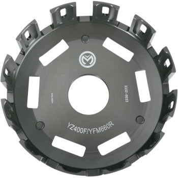 The Clutch Basket by Moose Offroad is a black circular billet aluminum component featuring a central hole, multiple rectangular cutouts, and evenly spaced raised tabs, designed to enhance clutch performance in motorcycle or automotive engines.
