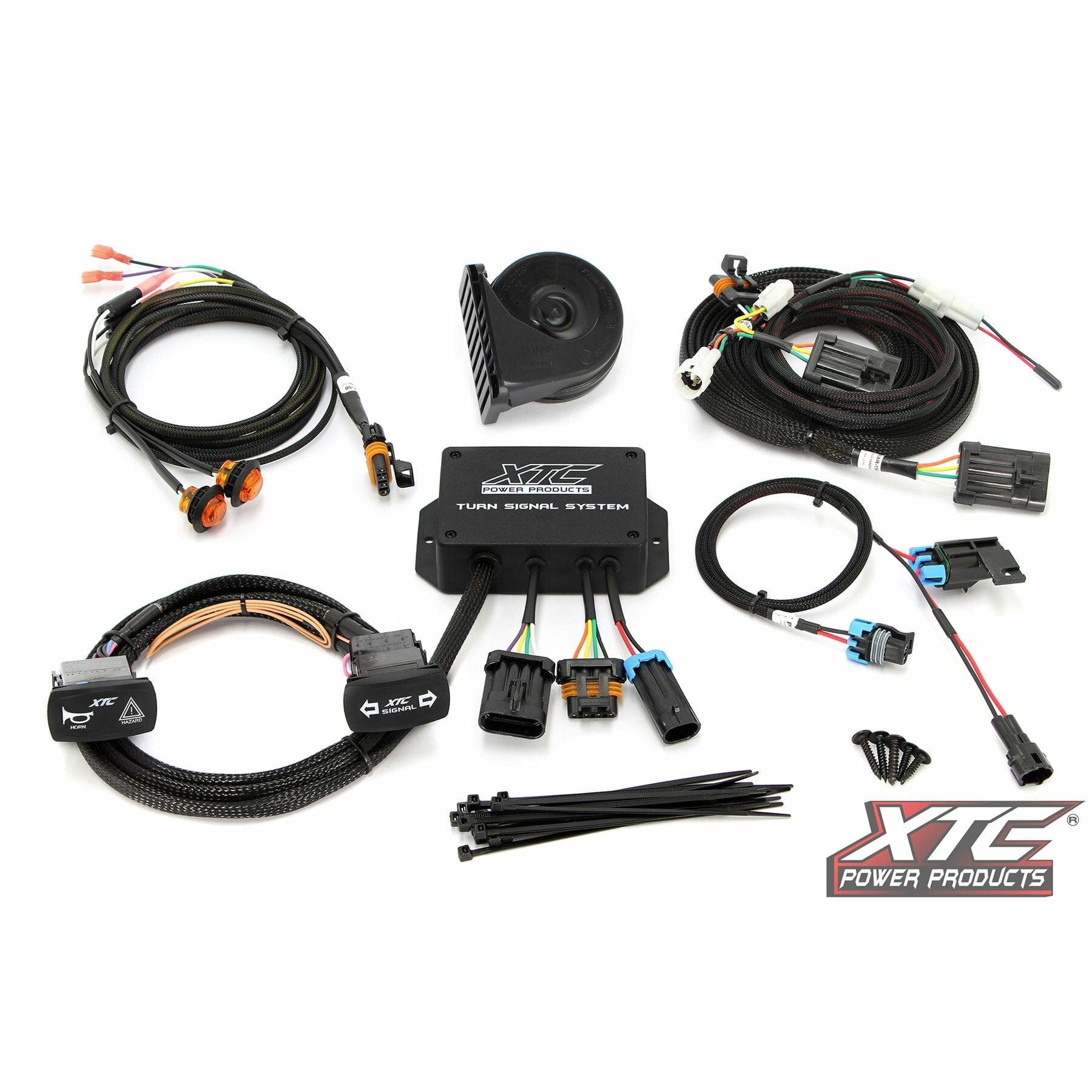 The Standard Turn Signal Kit Yam by XTC Power is shown, featuring pre-made harnesses, connectors, control box, switches, horn, zip ties, and the XTC Power logo in the bottom right corner.