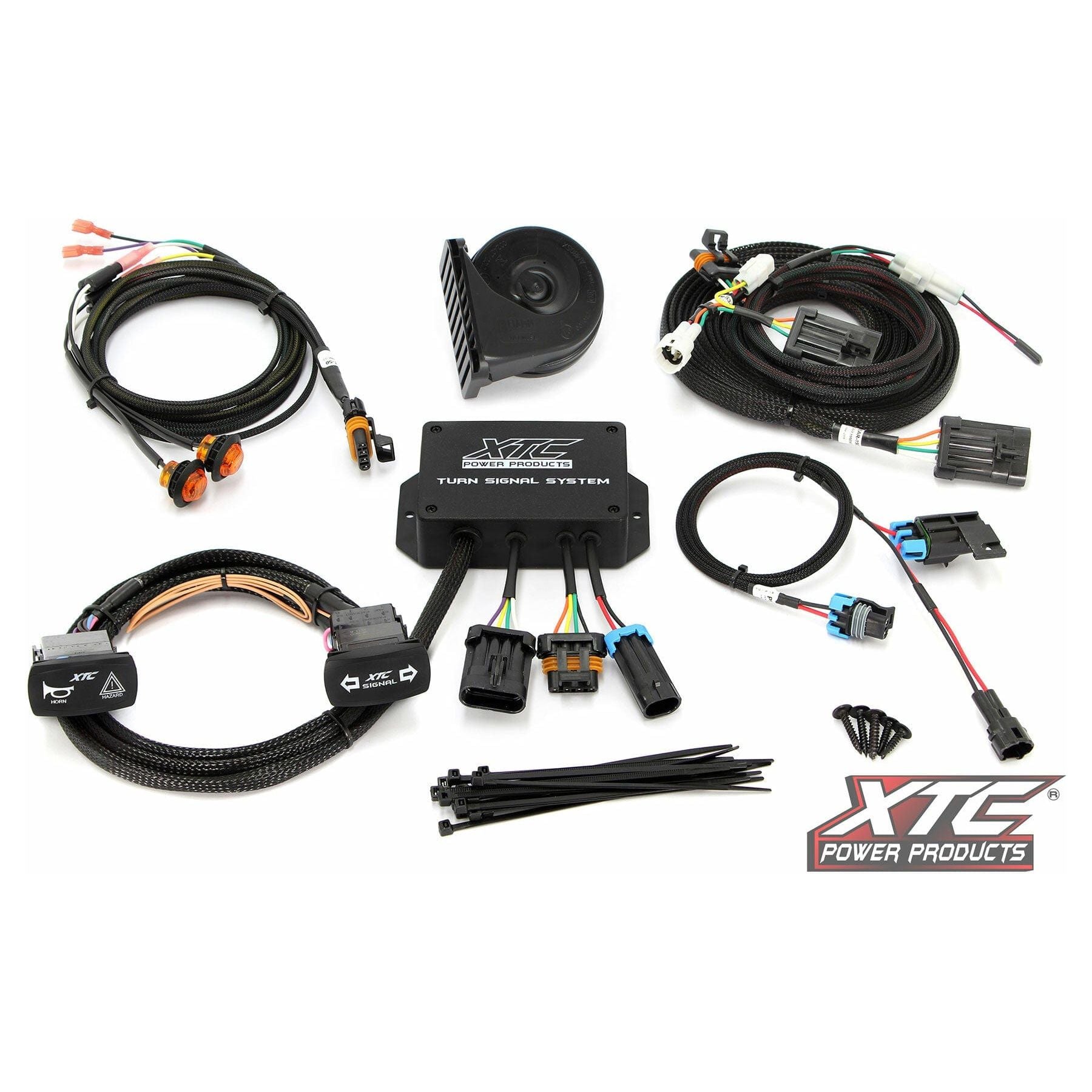 Standard Turn Signal Kit Yam By XTC Power shown with pre-made wire harness, connectors, control module, zip ties, small black horn, and the XTC Power Products logo—perfect for off-road use.
