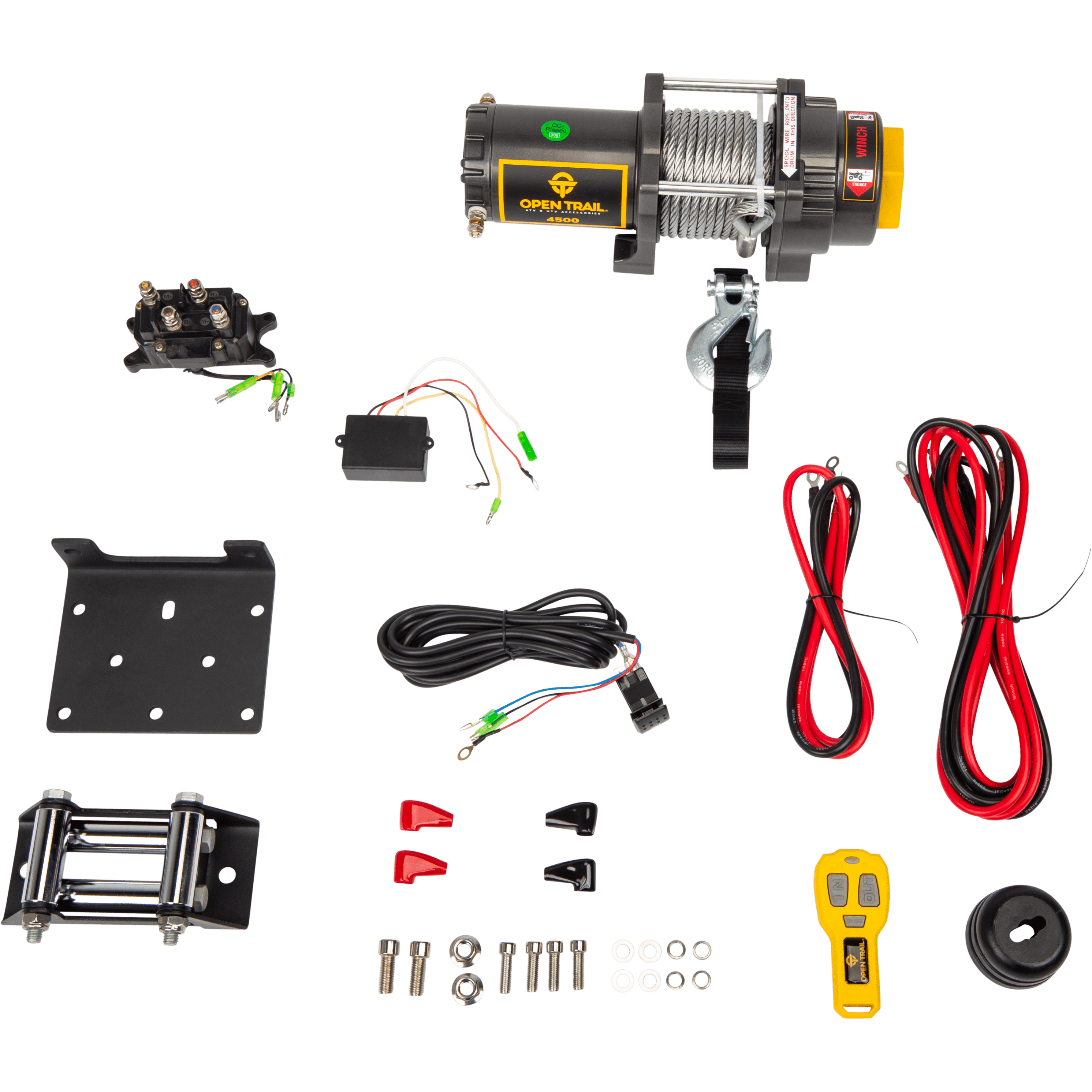 The 4500 lb. UTV/ATV Winch W/ Wire Rope by Open Trail is shown on a white background with an IP67 waterproof winch, mounting plate, roller fairlead, wireless remote, wire rope, connectors, screws, nuts, and extra mounting hardware.