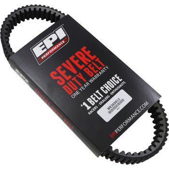 The Drive Belt by Epi comes in black packaging labeled “SEVERE DUTY BELT,” “ONE YEAR WARRANTY,” and “#1 BELT CHOICE.” Built with aramid tensile cord for reliable CVT performance, the package features bold red and white text.