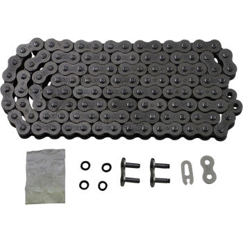 The 520 X1R3 Chain 118 Link by JT Chains includes a coiled metal chain, multiple small black O-rings, two metal pins, a master link, clip, and a sealed packet—all displayed on a white surface for reliable power transfer.