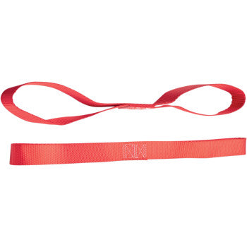 The Soft Tye 1" x 18" Red by Moose Offroad features reinforced stitching and a closed loop, shown laid flat; a second view displays its 18-inch length and durable build for dependable handlebar protection.