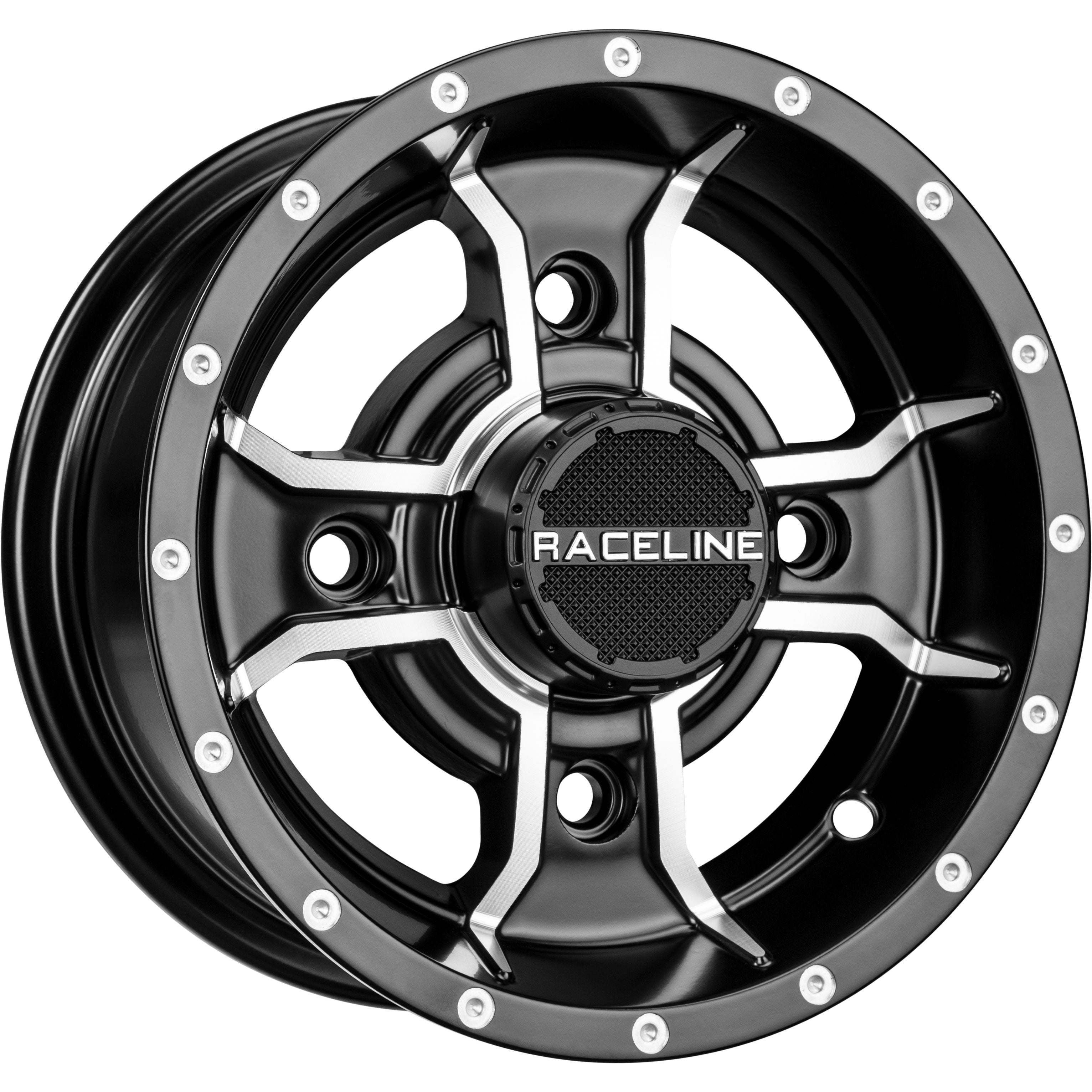 The ATV / UTV Black Mamba Sport Wheel 10X5 4/144 3+2 Black / Machined by Raceline features a bold black and machined alloy design, five split spokes, RACELINE center cap, and CNC-machined rim with rivet accents for a modern look.