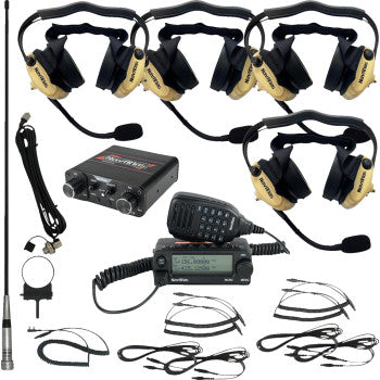 The Navatlas Intercom Radio and Headset Kit 4 Seat Beige includes four beige and black headsets with microphones, a car-to-car radio transceiver, handheld mic, antenna, cables, and mounting accessories displayed on a white background.