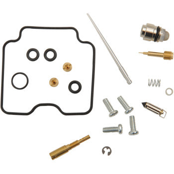 The Yamaha Carburetor Repair Kit by Moose Offroad includes NBR rubber O-rings, gaskets, screws, jets, needle valve, springs, and other small metal parts displayed on a white background.
